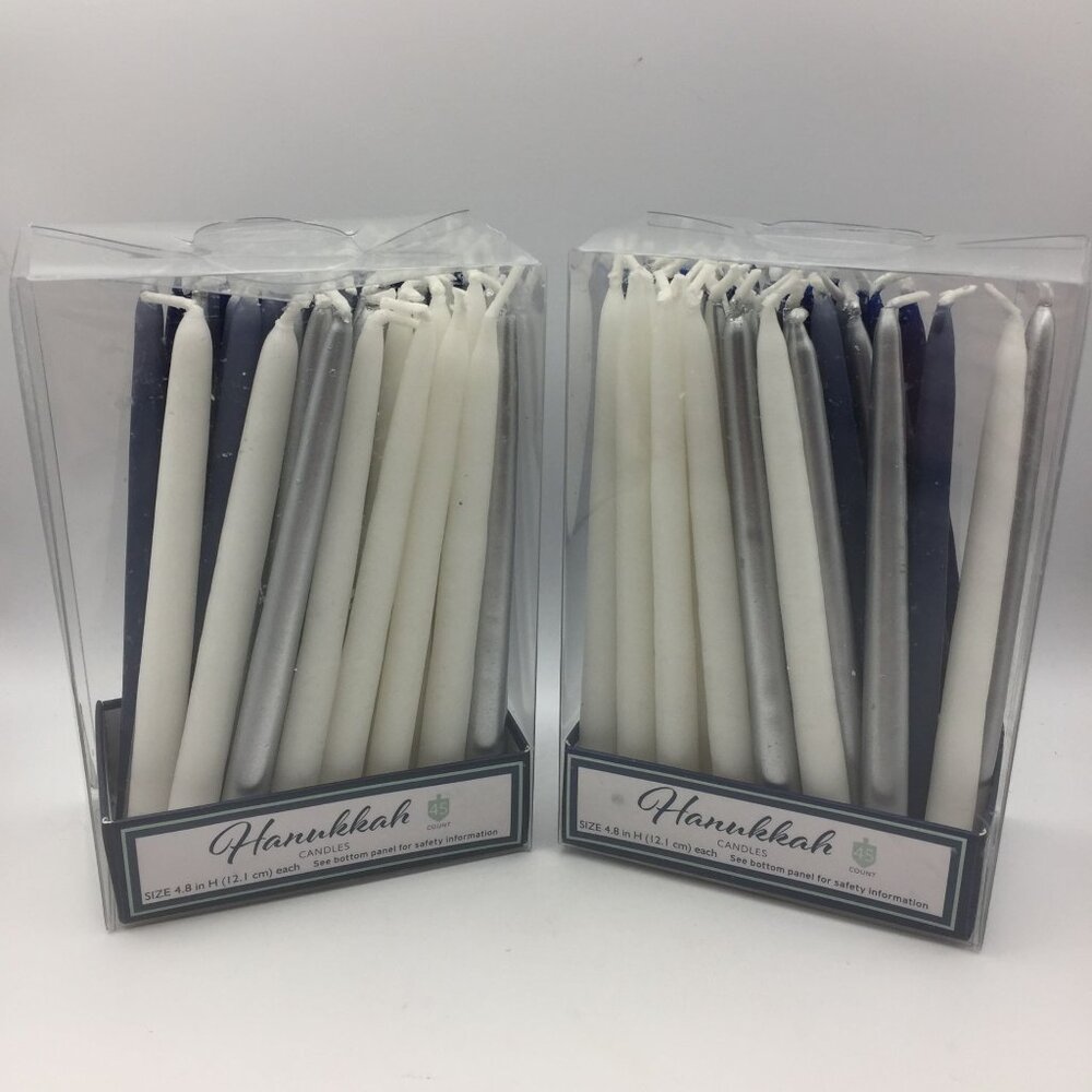 Set 2 Boxes 45 Hanukkah Menorah Candles Size 4.8 In Blue Silver White 90 Total